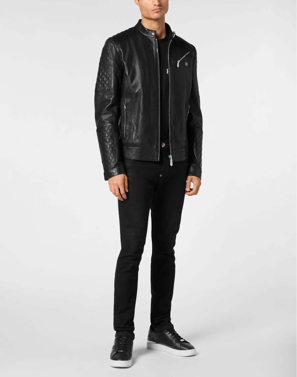 Padded Leather Moto Bomber, цвет: Черный