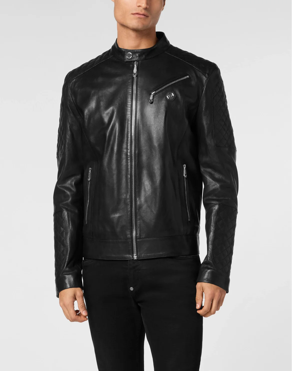 Padded Leather Moto Bomber, цвет: Черный