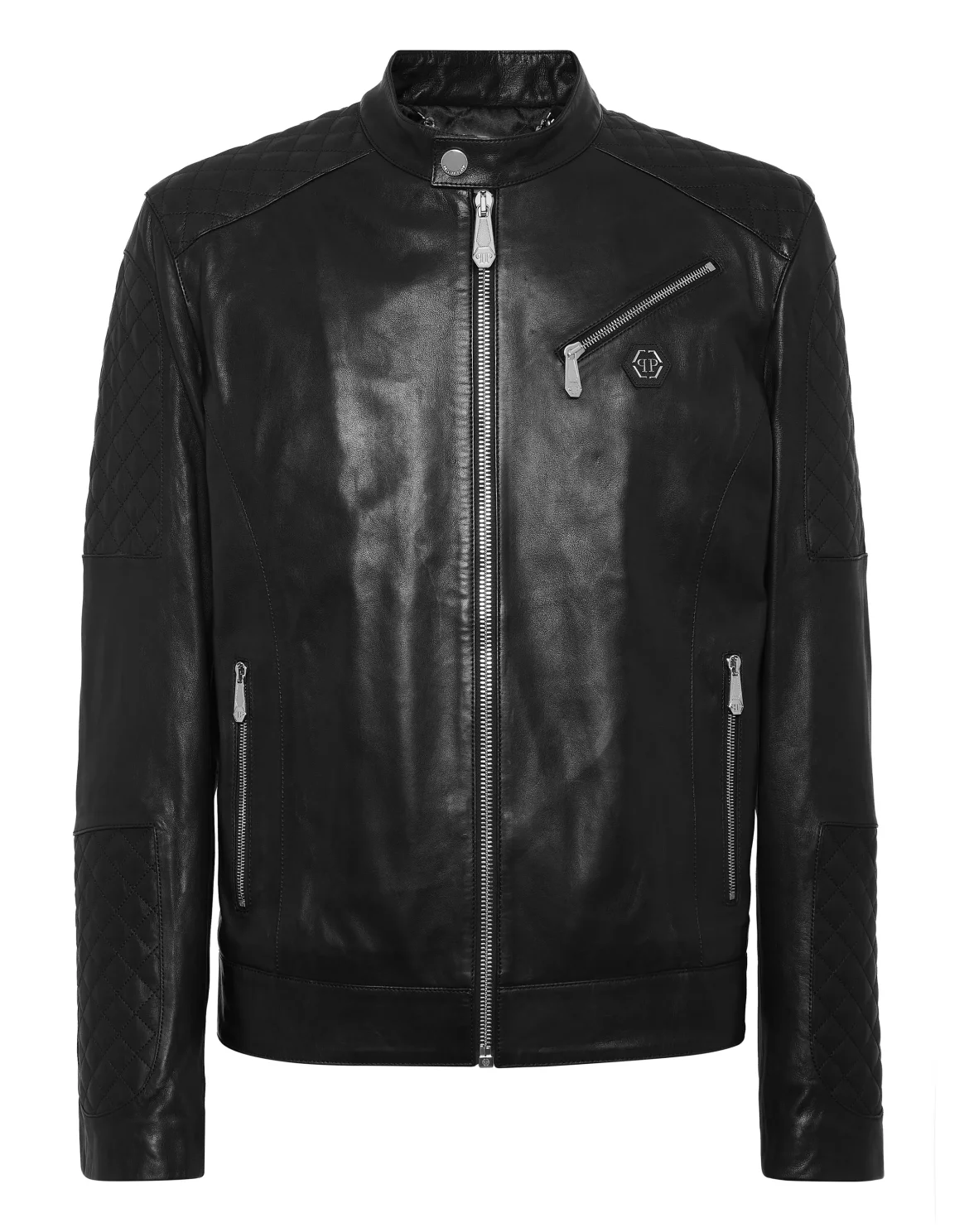Padded Leather Moto Bomber, цвет: Черный