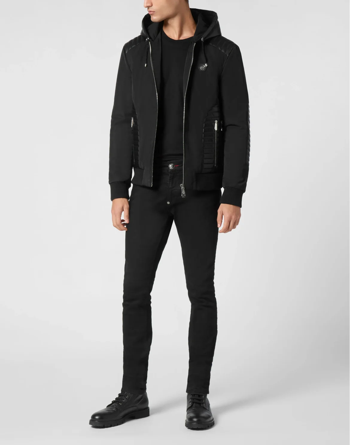 Nylon Hooded Jacket LS With Leather Inserts, цвет: Черный