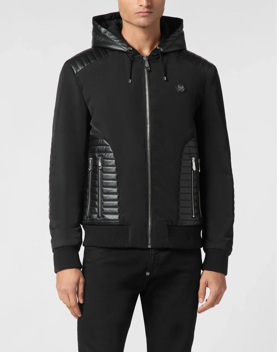 Nylon Hooded Jacket LS With Leather Inserts, цвет: Черный