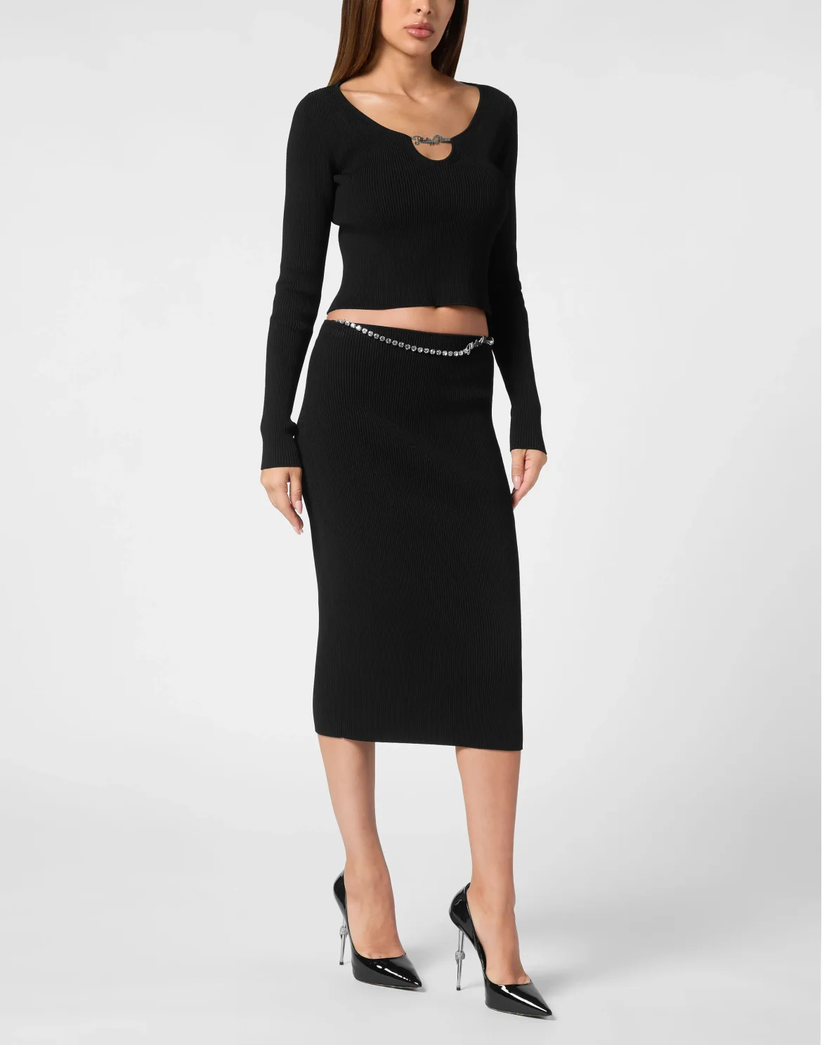 VISCOSE STRETCH MIDI SKIRT SIGNATURE, цвет: Черный