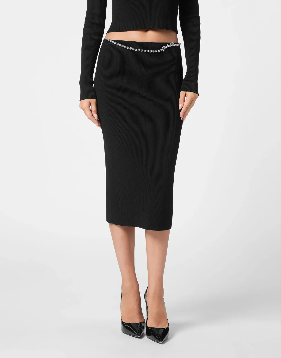 VISCOSE STRETCH MIDI SKIRT SIGNATURE, цвет: Черный