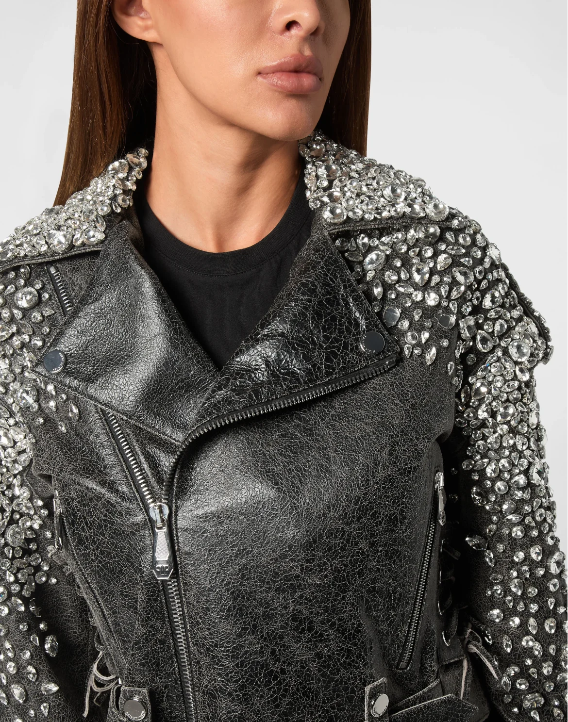 Leather Cropped Biker Jacket LS Strass, цвет: Черный