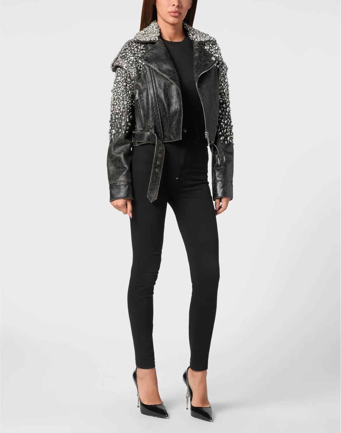 Leather Cropped Biker Jacket LS Strass, цвет: Черный