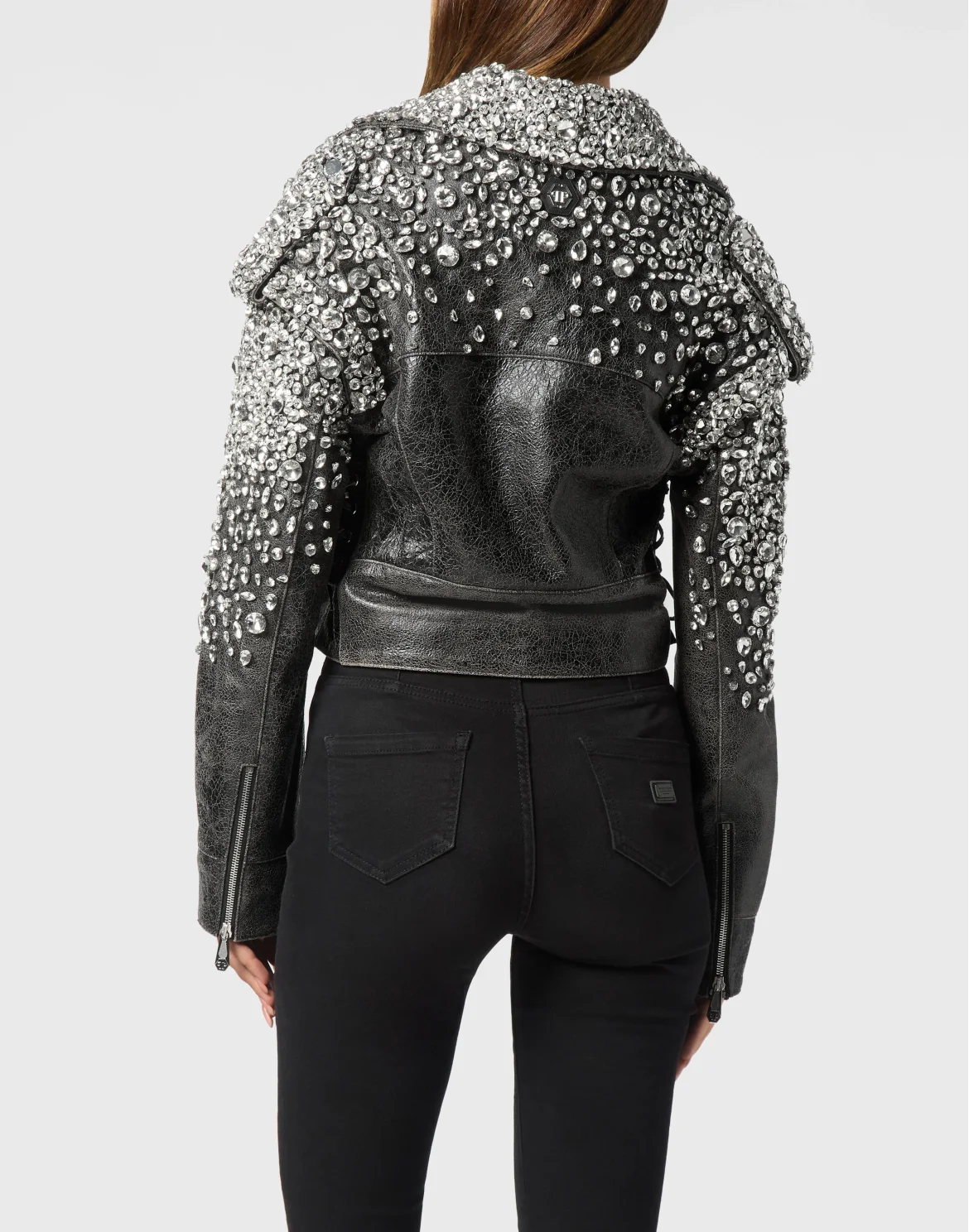 Leather Cropped Biker Jacket LS Strass, цвет: Черный