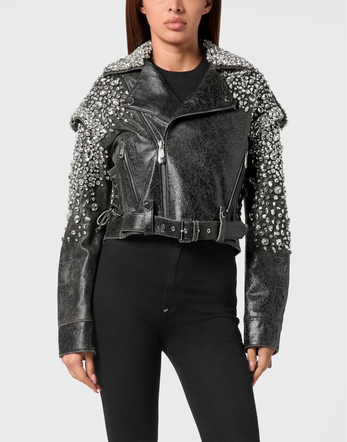 Leather Cropped Biker Jacket LS Strass, цвет: Черный