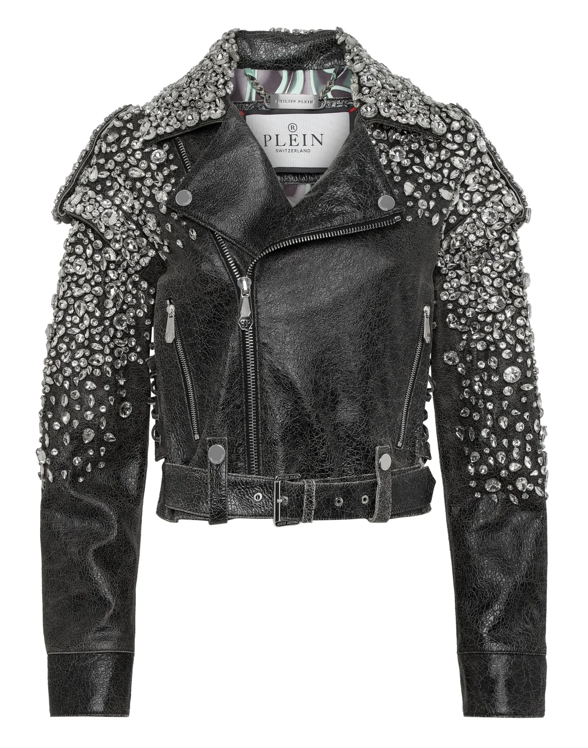 Leather Cropped Biker Jacket LS Strass, цвет: Черный