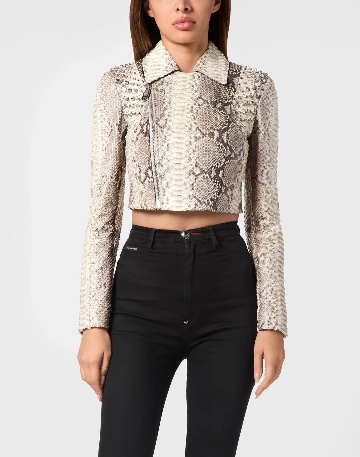 Cropped Python Leather Biker Jacket LS Flame, цвет: Мультиколор