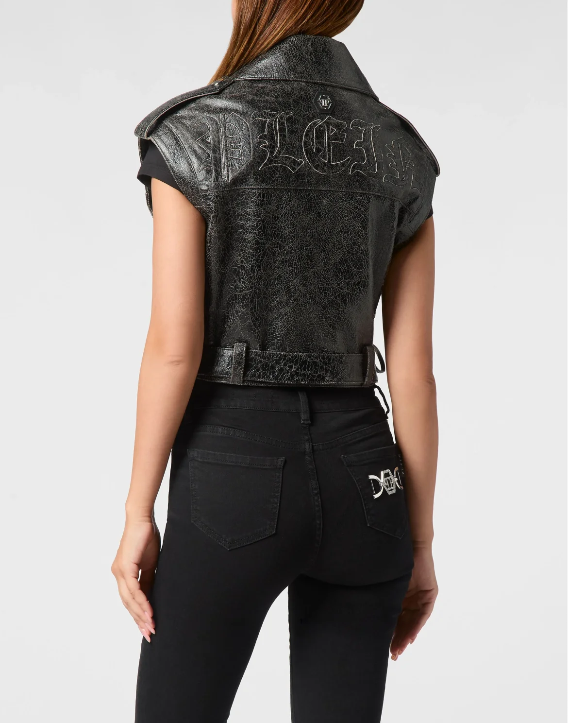 Leather Cropped Biker Vest Gothic Plein, цвет: Черный