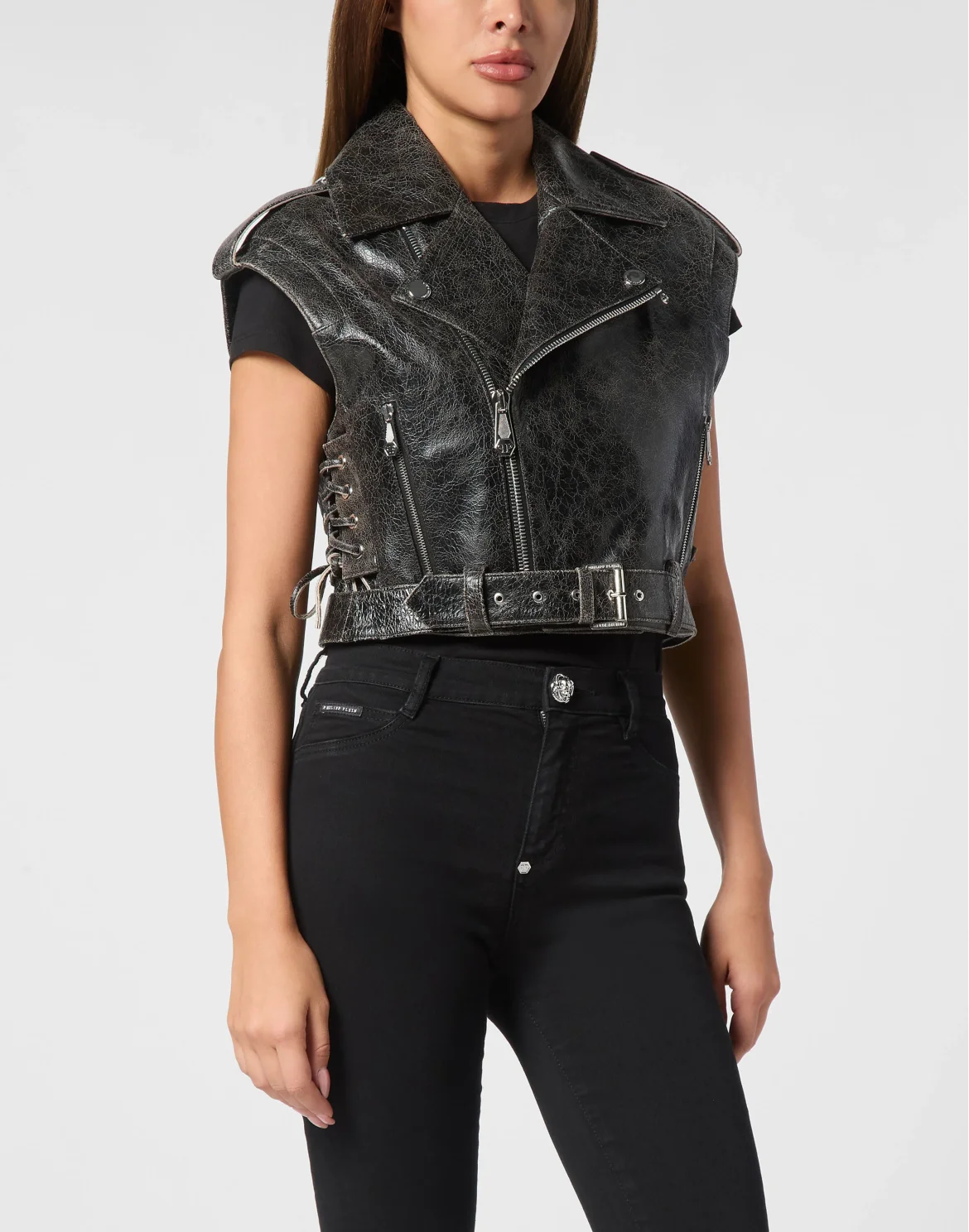 Leather Cropped Biker Vest Gothic Plein, цвет: Черный
