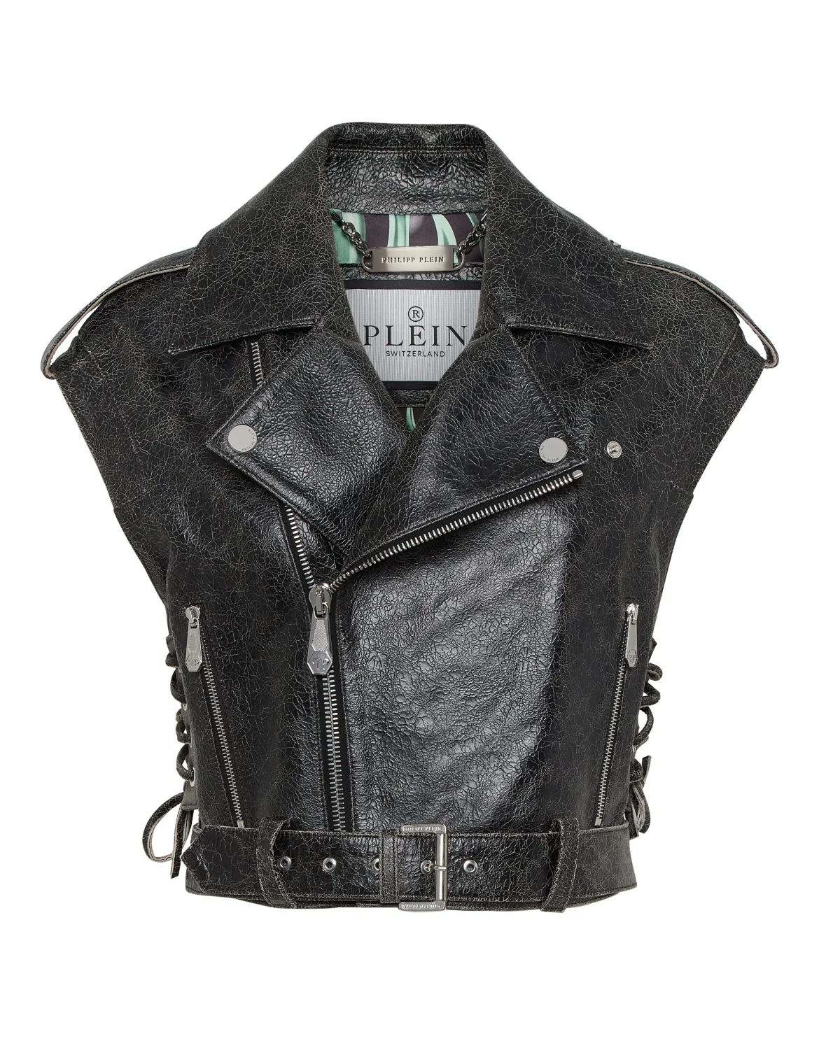 Leather Cropped Biker Vest Gothic Plein, цвет: Черный