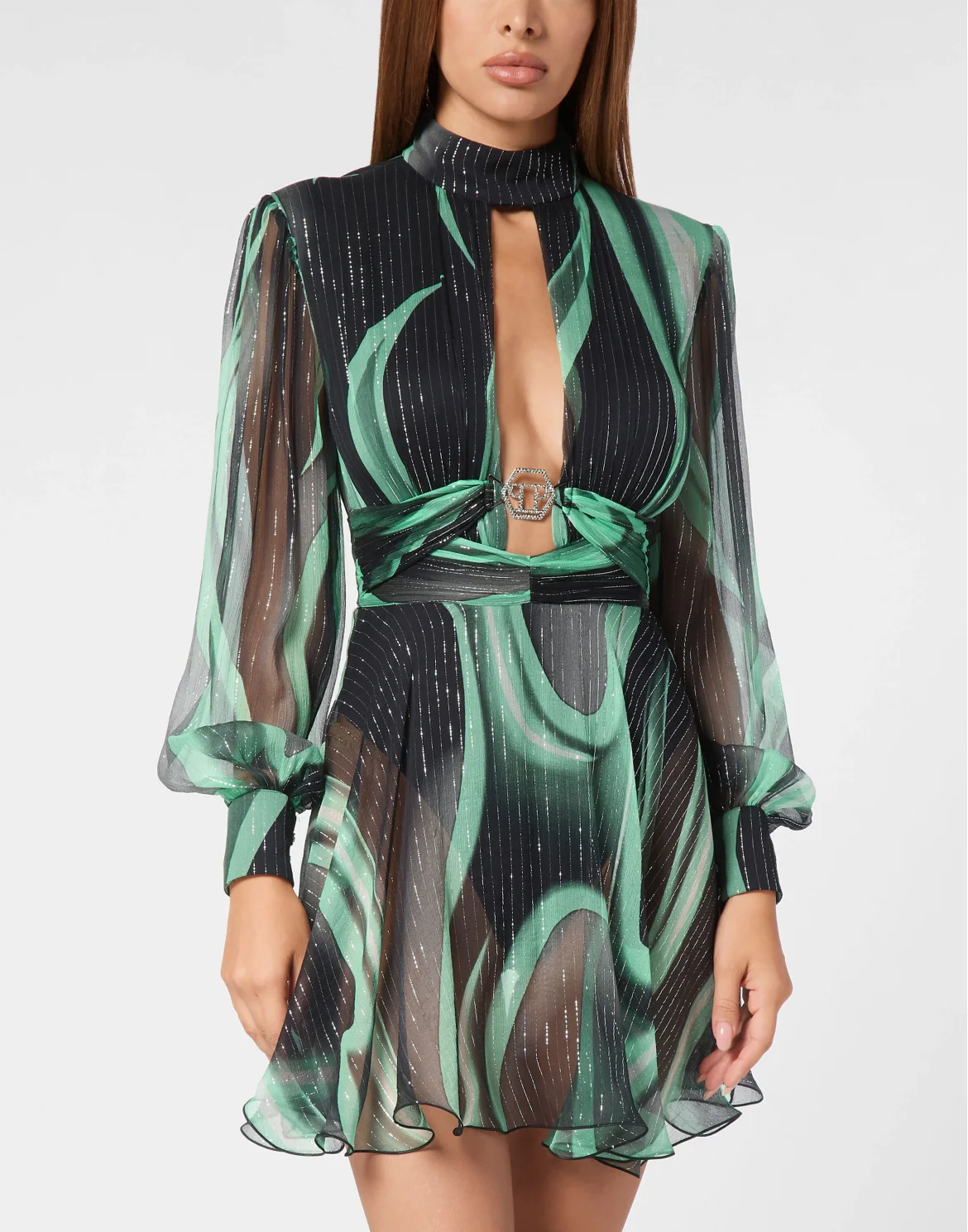 Chiffon Lurex Mini Dress LS Flame, цвет: Черный