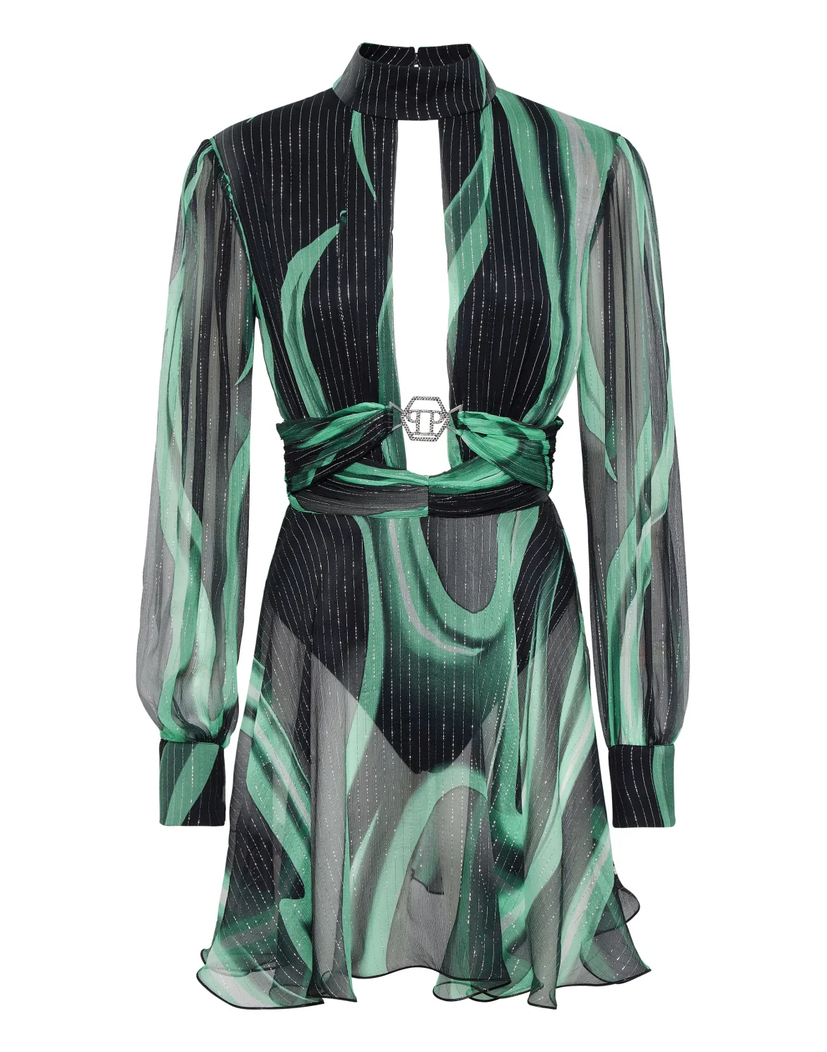 Chiffon Lurex Mini Dress LS Flame, цвет: Черный