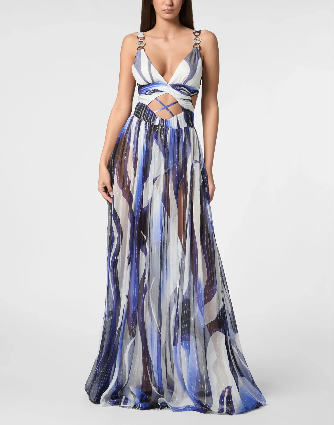 Chiffon Long Dress Strass Flame, цвет: Белый