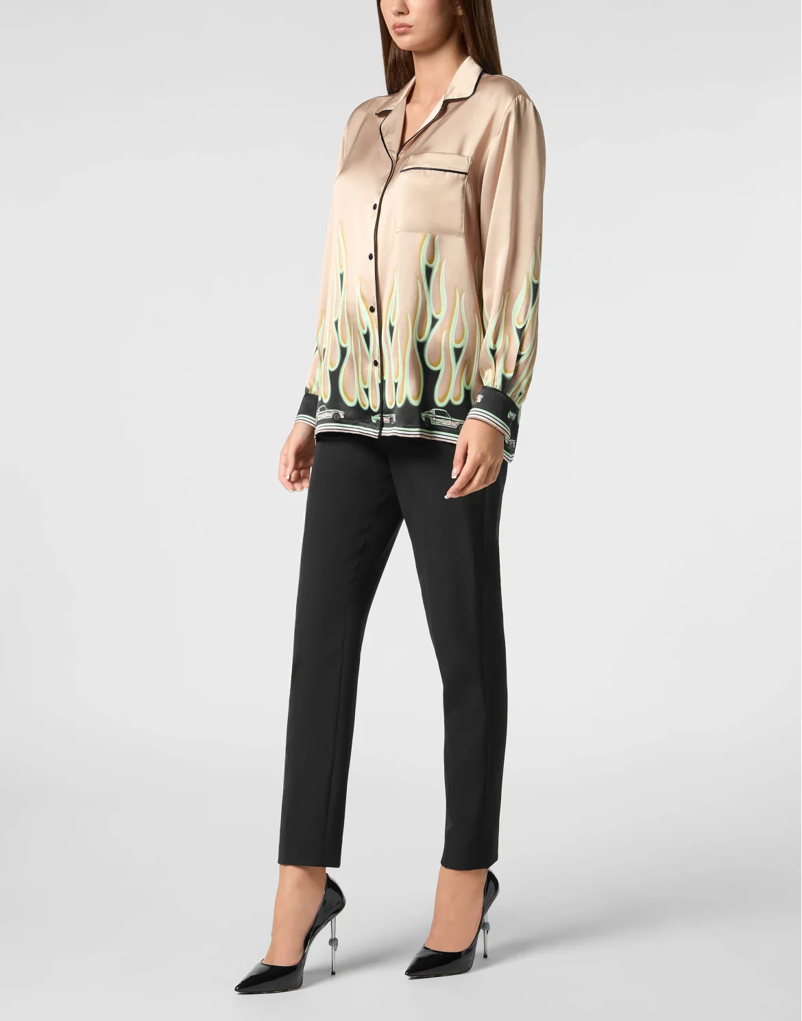 SATIN PIJAMA SHIRT LS FLAMES, цвет: Бежевый
