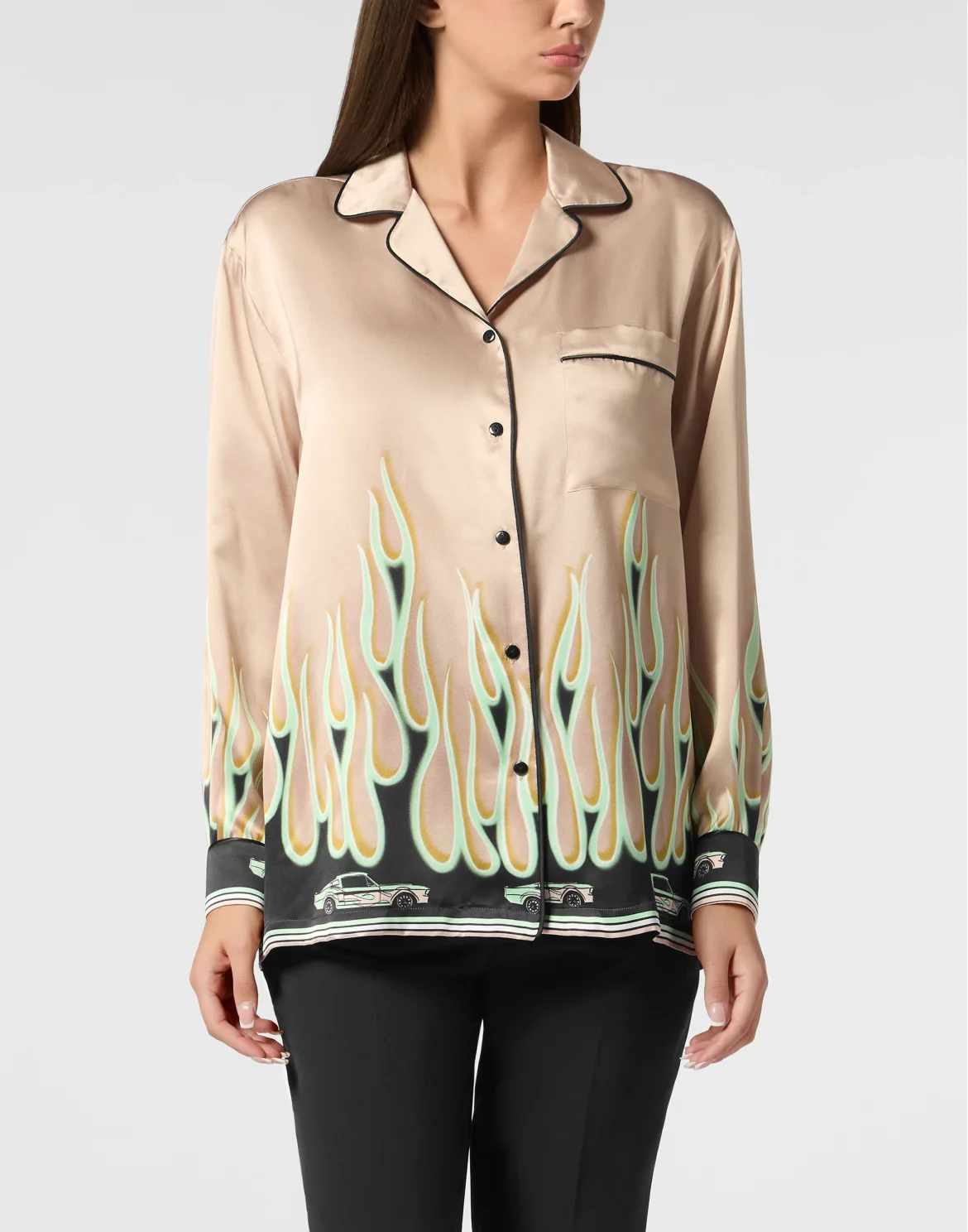 SATIN PIJAMA SHIRT LS FLAMES, цвет: Бежевый