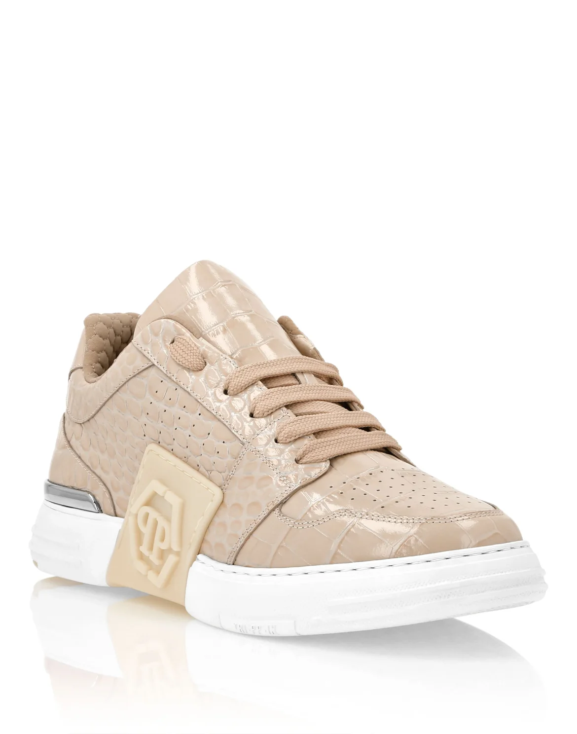 Croco Printed Leather Lo-Top Sneakers Hexagon, цвет: Бежевый