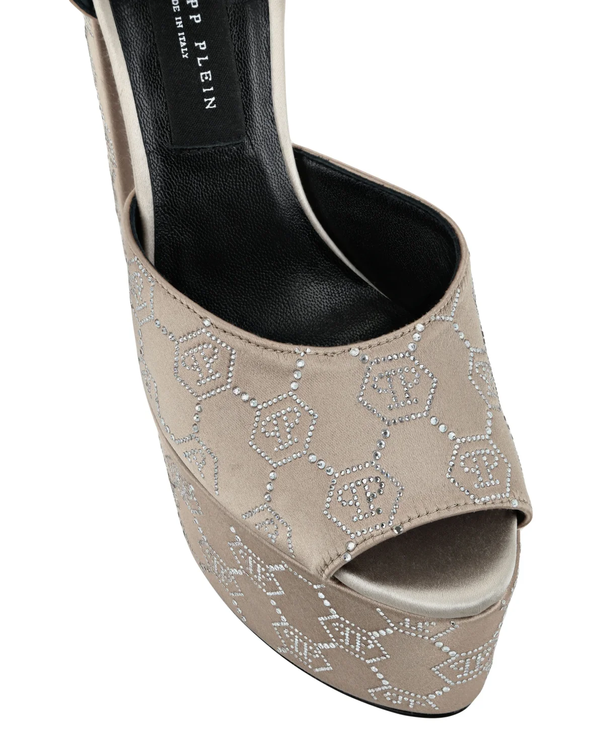 Satin Platform Sandals High Heels Monogram Strass, цвет: Бежевый