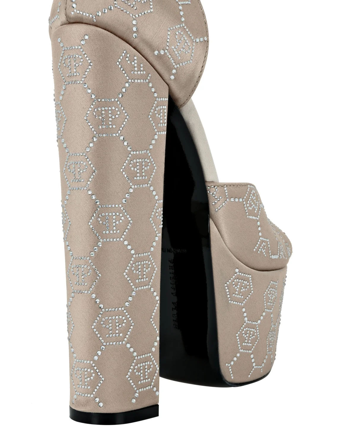Satin Platform Sandals High Heels Monogram Strass, цвет: Бежевый