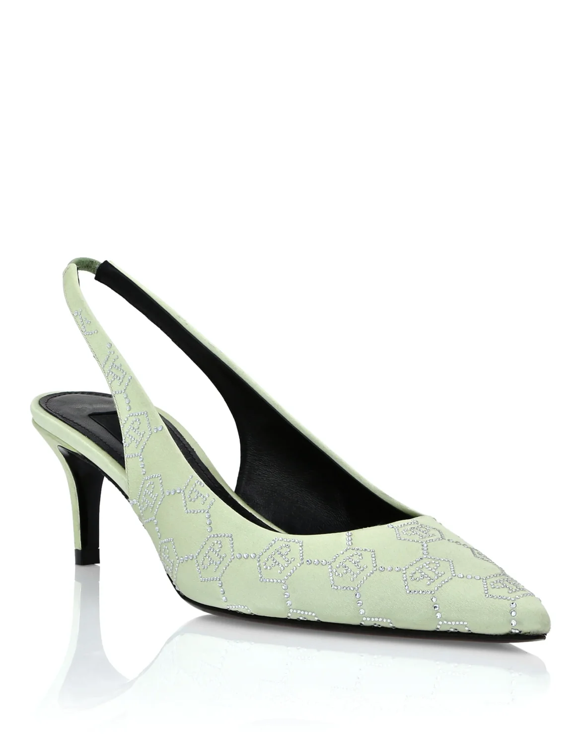 Satin Slingback Shoes Low Heels Monogram Strass, цвет: Зеленый