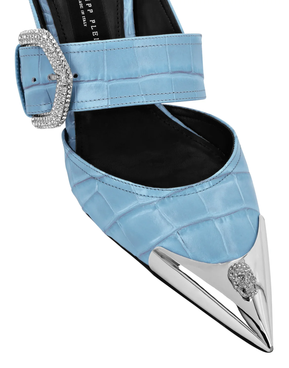 Croco Leather Mule Low Heels Skull strass, цвет: Голубой