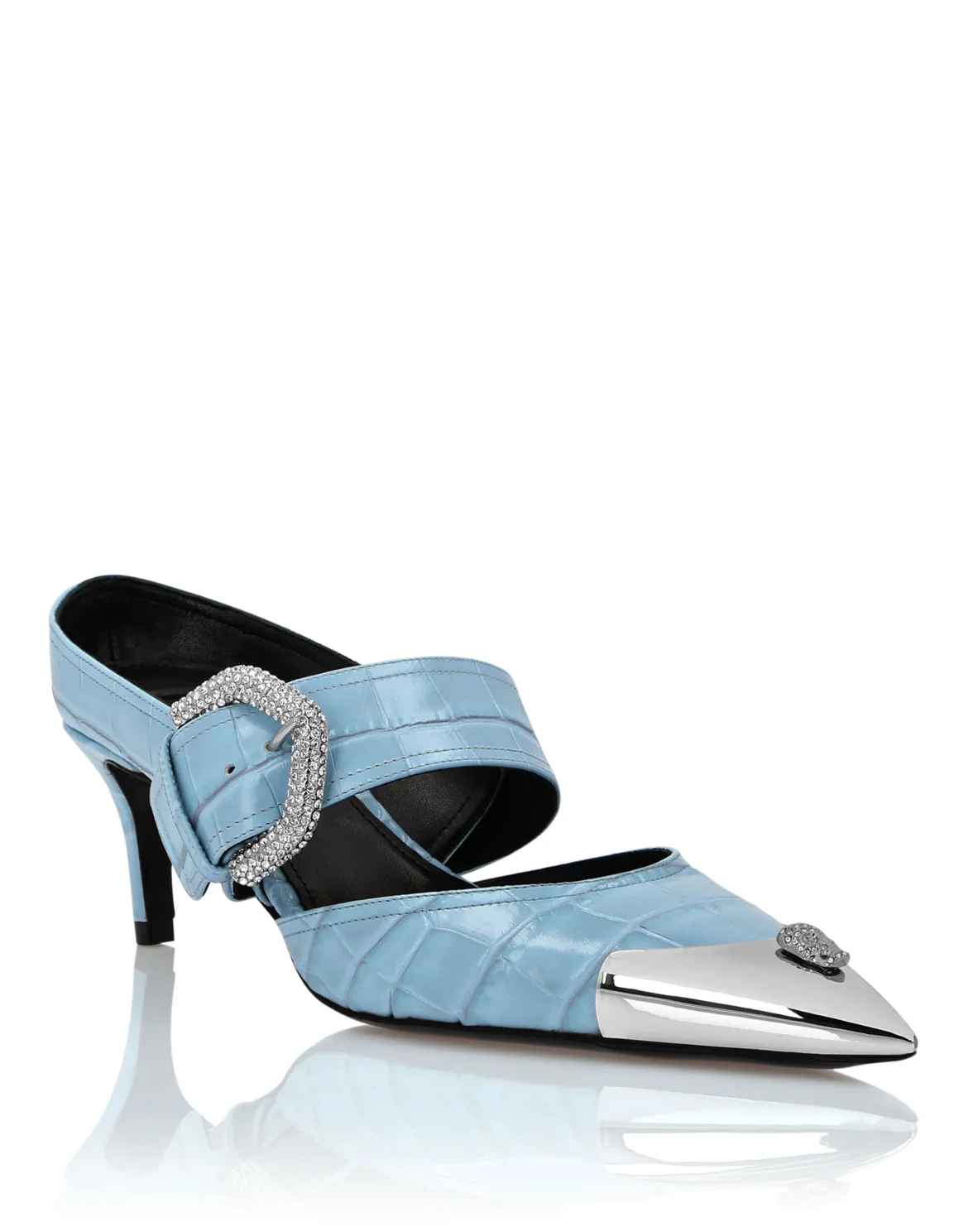 Croco Leather Mule Low Heels Skull strass, цвет: Голубой