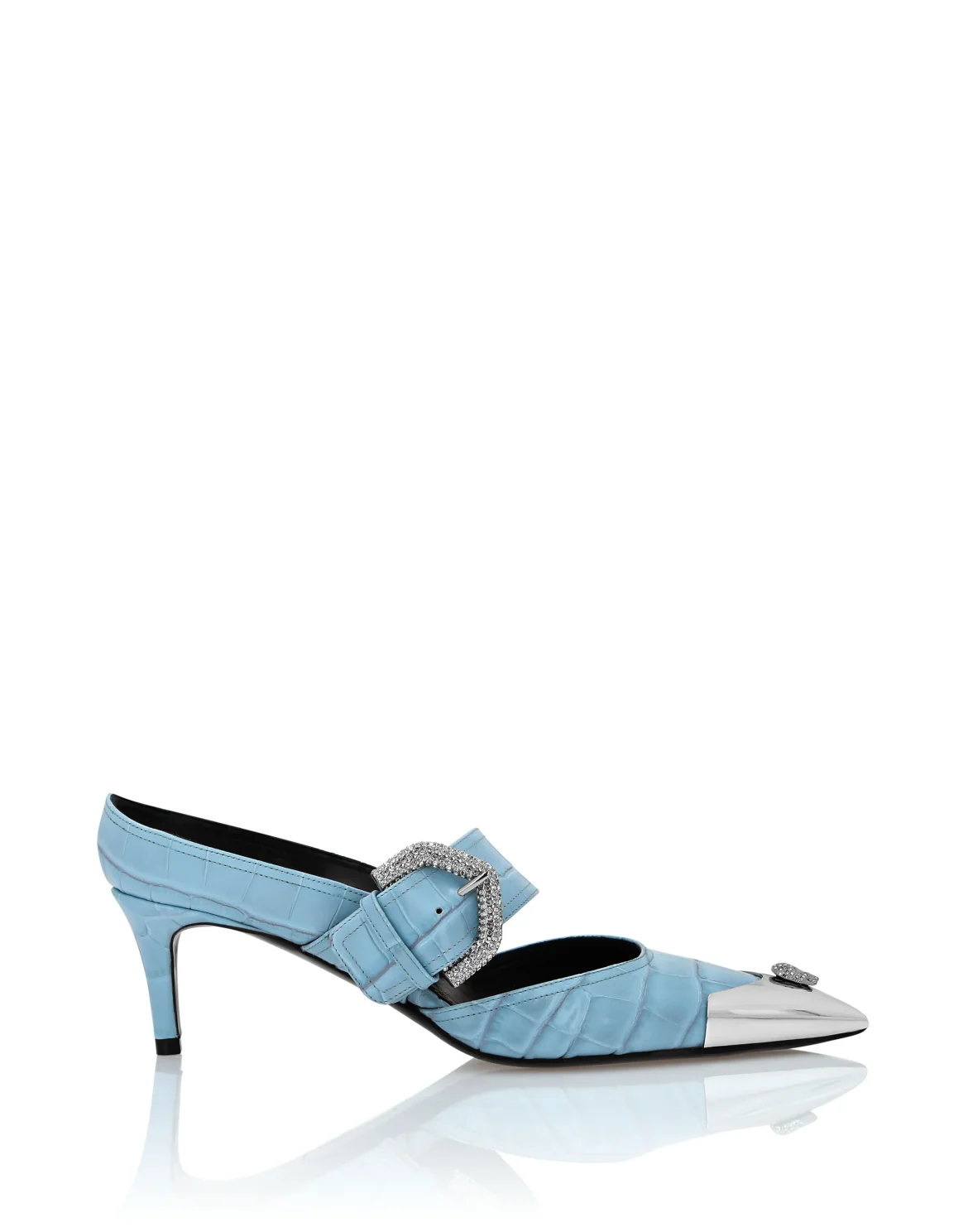 Croco Leather Mule Low Heels Skull strass, цвет: Голубой