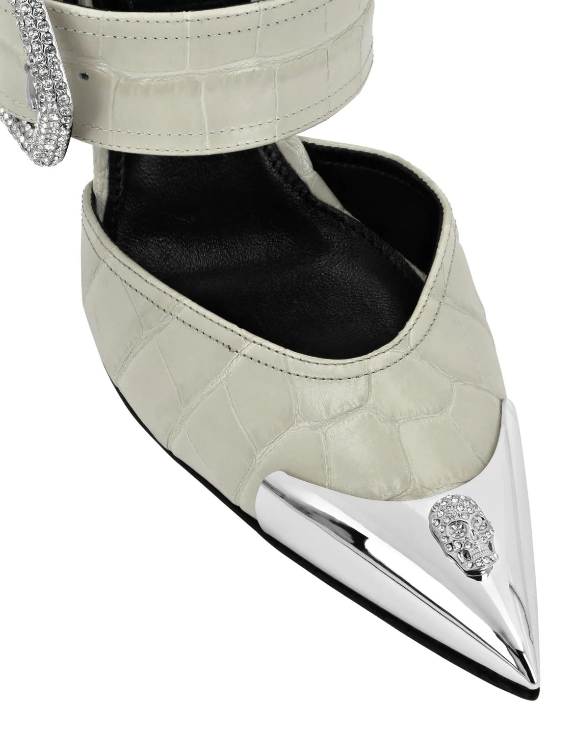 Croco Leather Mule High Heels Skull strass, цвет: Бежевый