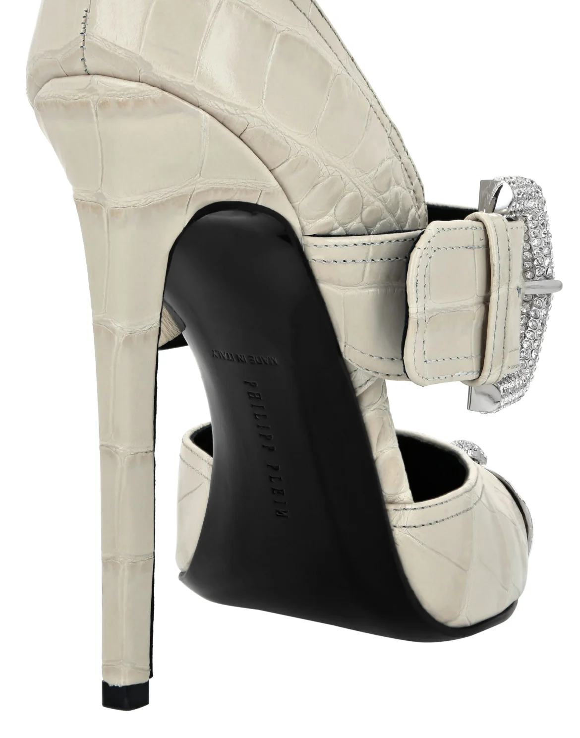 Croco Leather Mule High Heels Skull strass, цвет: Бежевый