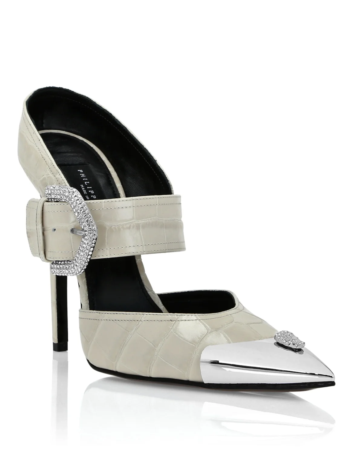 Croco Leather Mule High Heels Skull strass, цвет: Бежевый