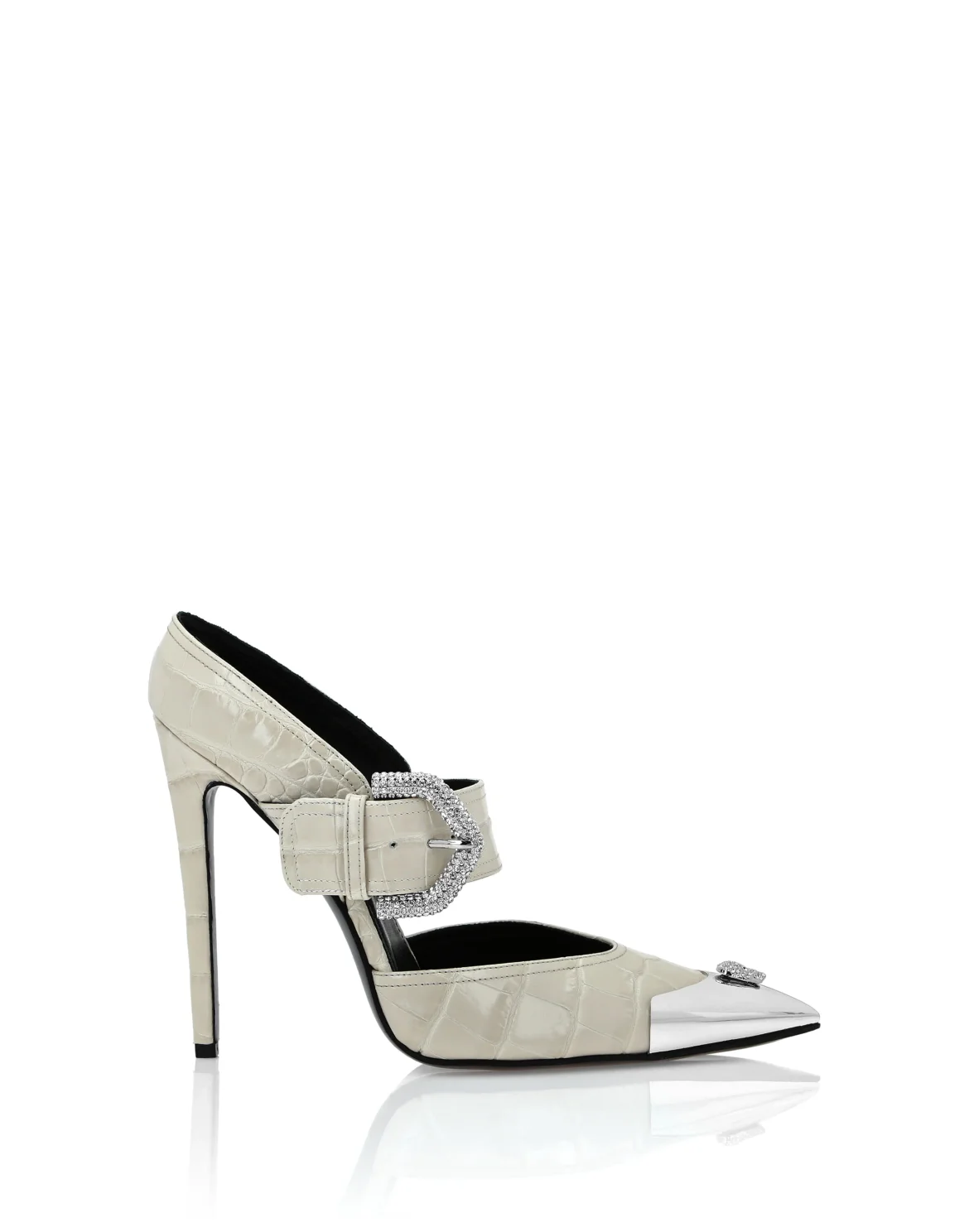 Croco Leather Mule High Heels Skull strass, цвет: Бежевый