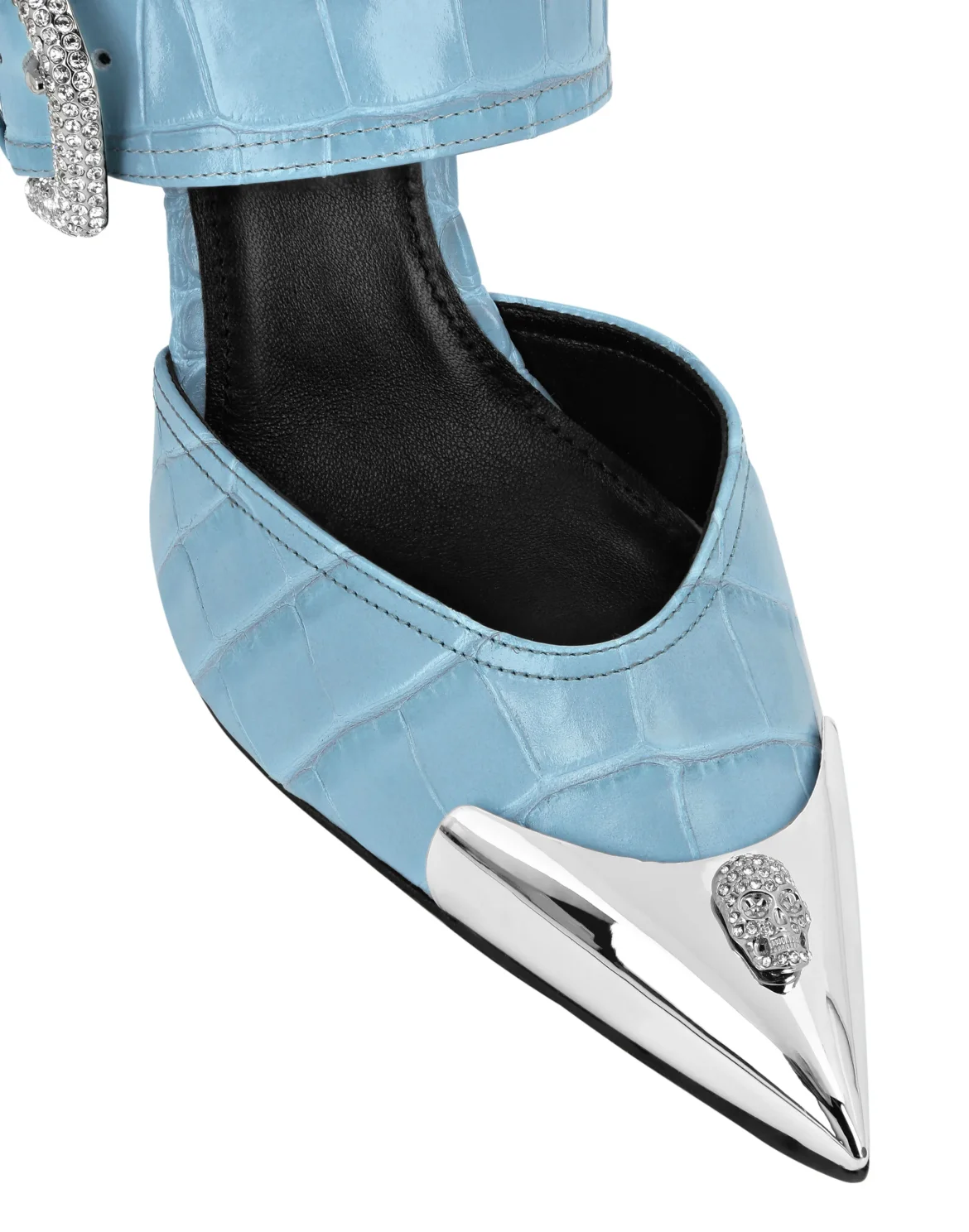 Croco Leather Mule High Heels Skull strass, цвет: Голубой