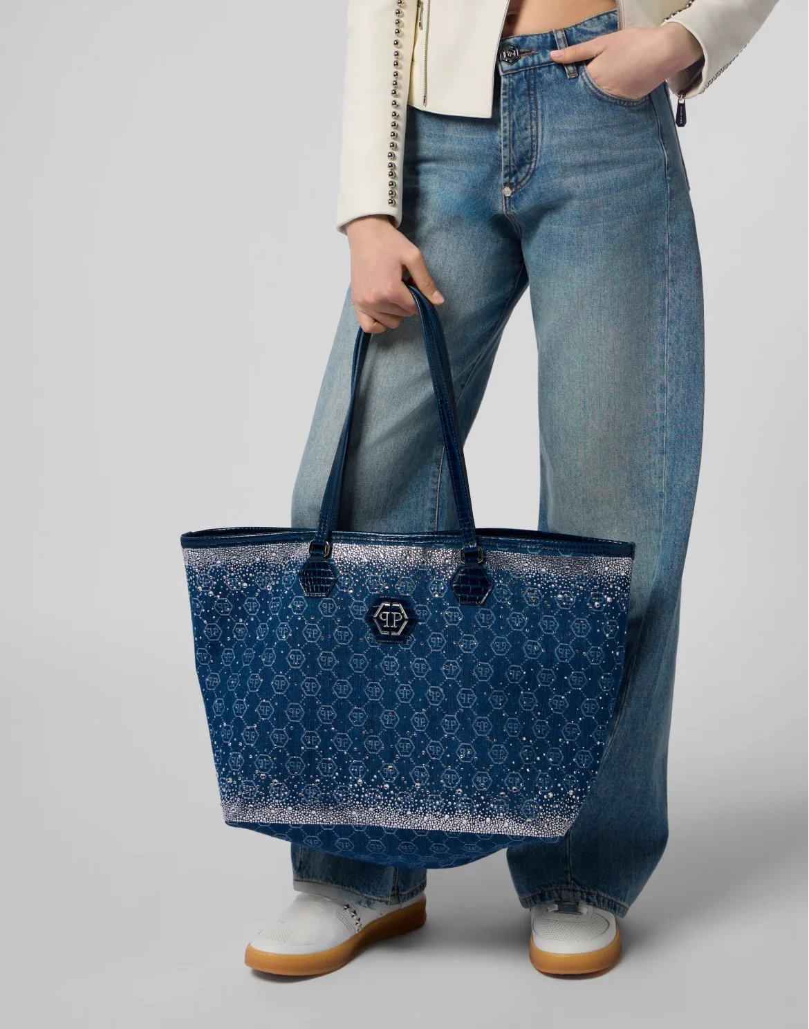 Denim Shopper Bag Monogram Strass, цвет: Голубой