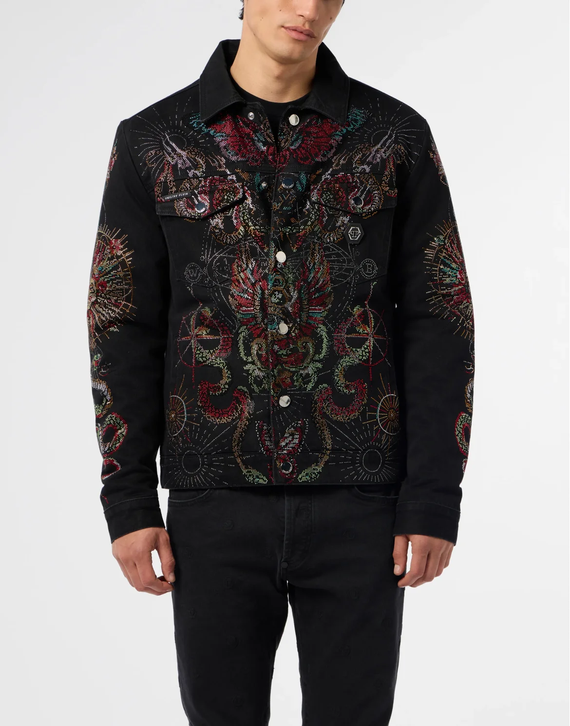 Denim Trucker Jacket Tattoo Strass, цвет: Черный