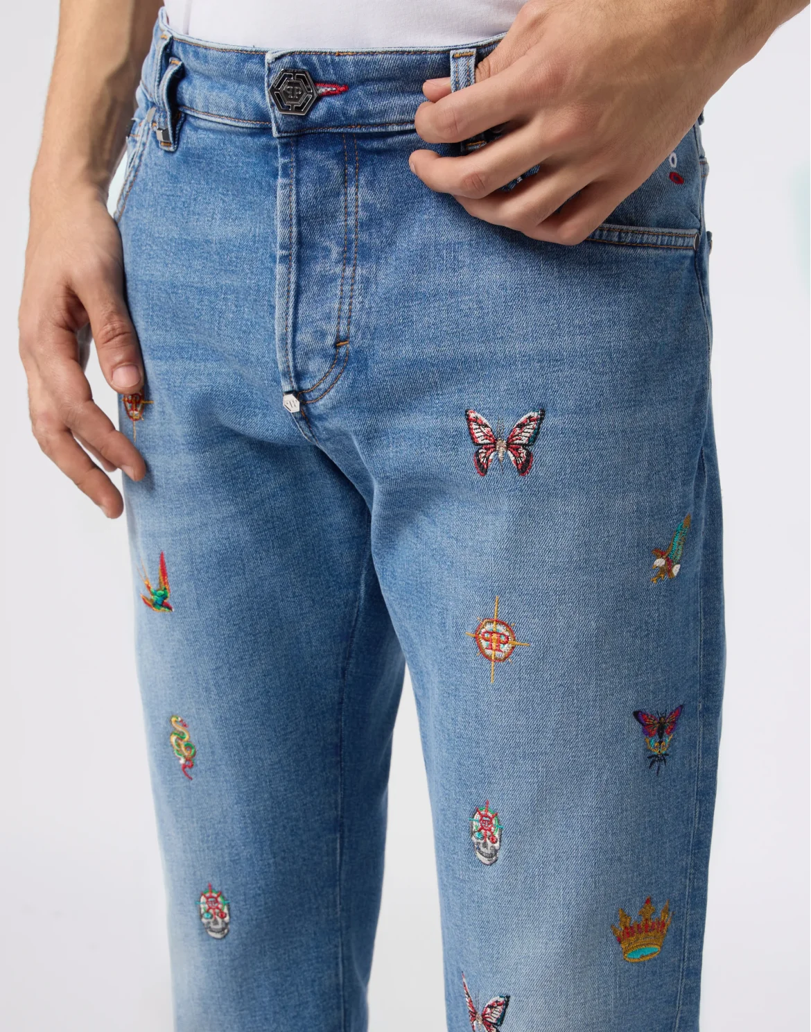 Embroidered Super Straight Cut Jeans, цвет: Голубой