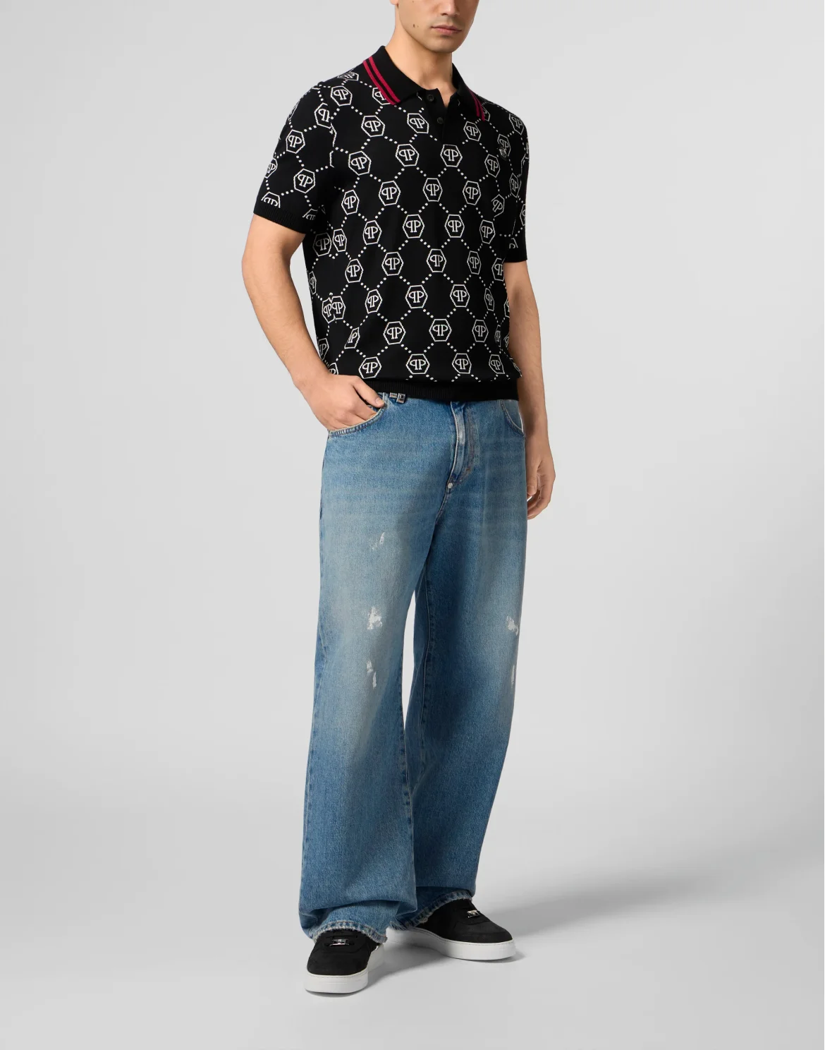 Merino Wool Polo T-Shirt Jacquard Monogram, цвет: Черный