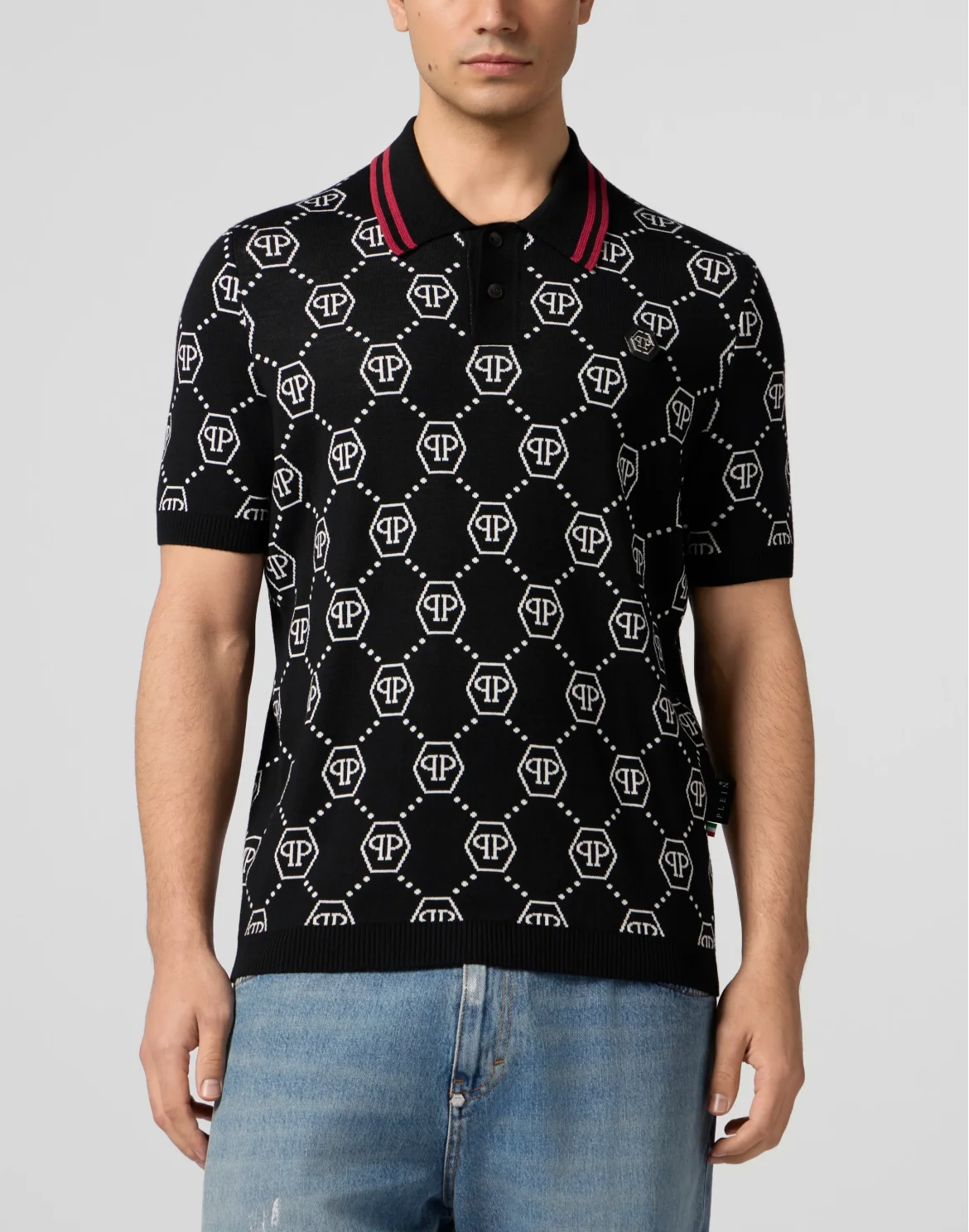 Merino Wool Polo T-Shirt Jacquard Monogram, цвет: Черный