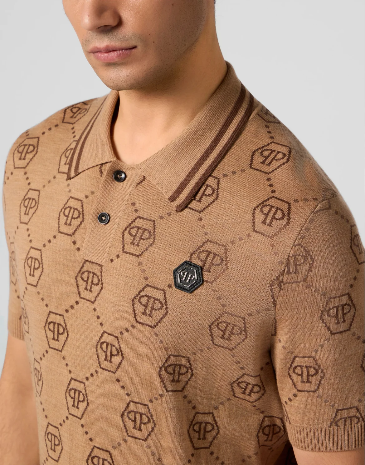 Merino Wool Polo T-Shirt Jacquard Monogram, цвет: Бежевый