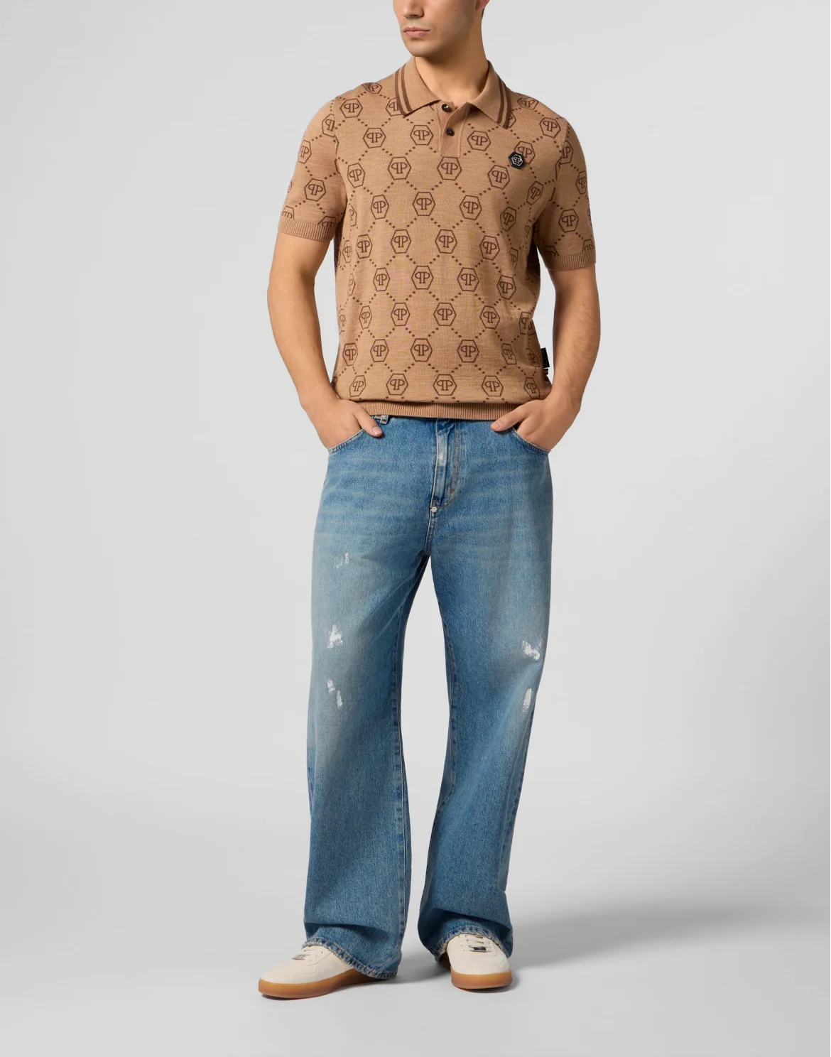 Merino Wool Polo T-Shirt Jacquard Monogram, цвет: Бежевый