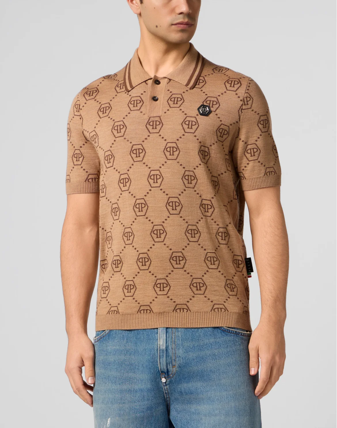 Merino Wool Polo T-Shirt Jacquard Monogram, цвет: Бежевый