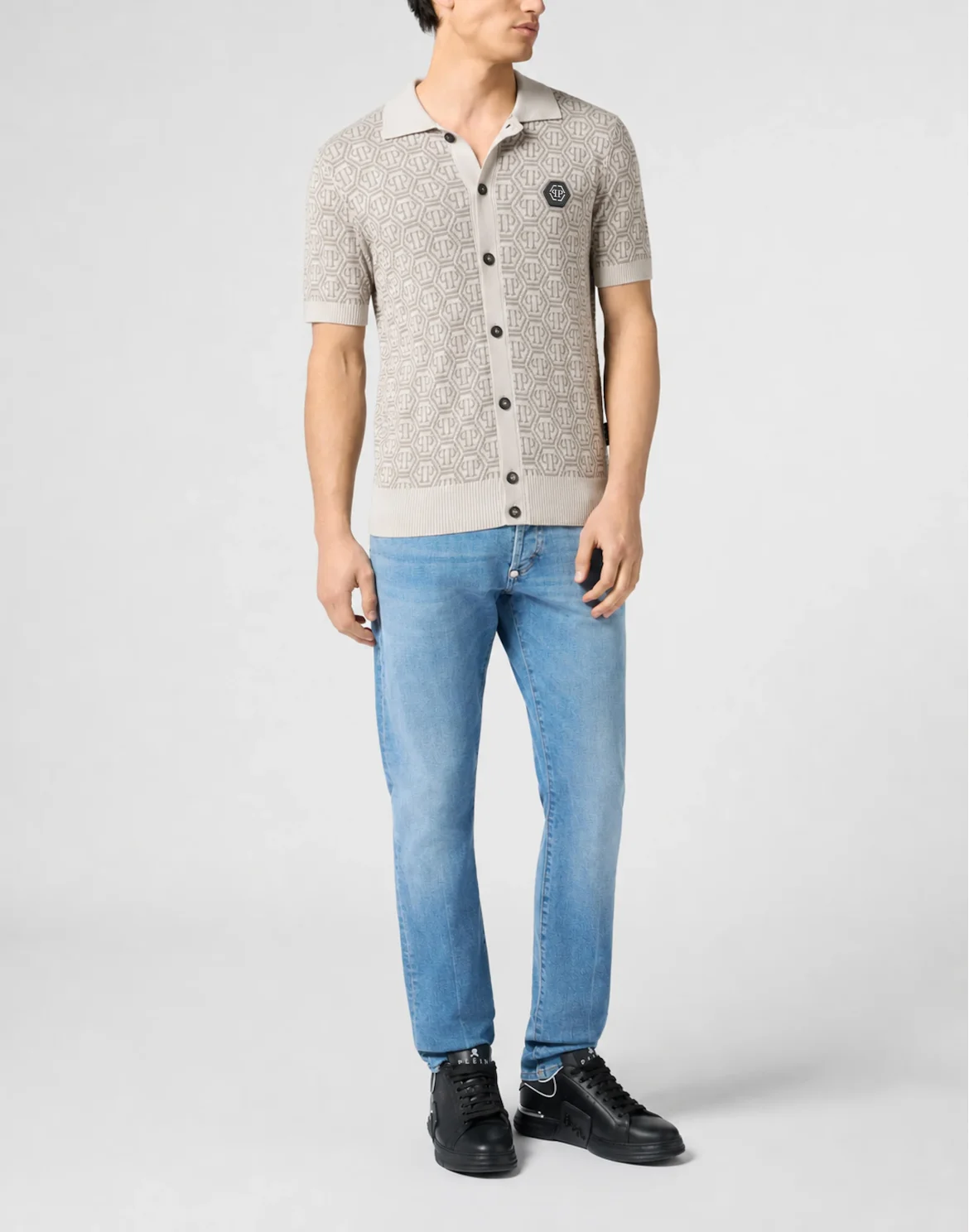 Buttoned-Up Polo Shirt Jacquard Monogram, цвет: Бежевый