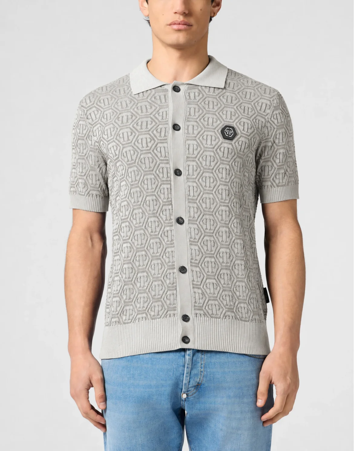 Buttoned-Up Polo Shirt Jacquard Monogram, цвет: Бежевый