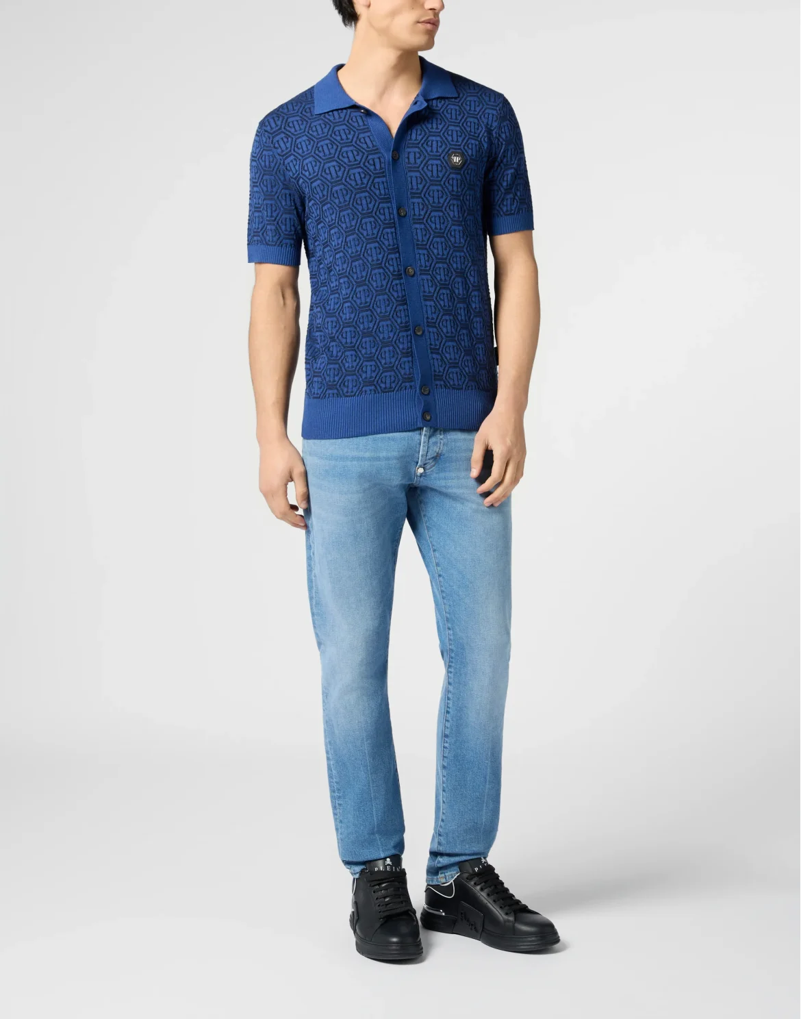 Buttoned-Up Polo Shirt Jacquard Monogram, цвет: Синий