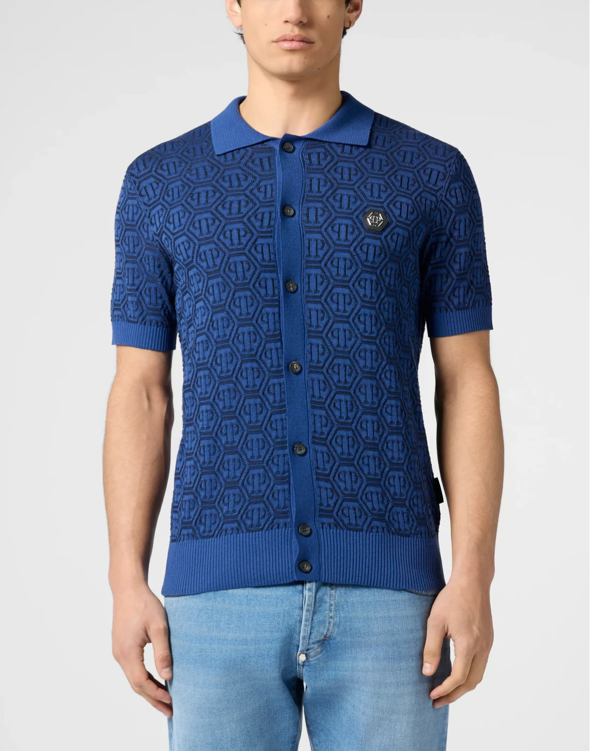 Buttoned-Up Polo Shirt Jacquard Monogram, цвет: Синий