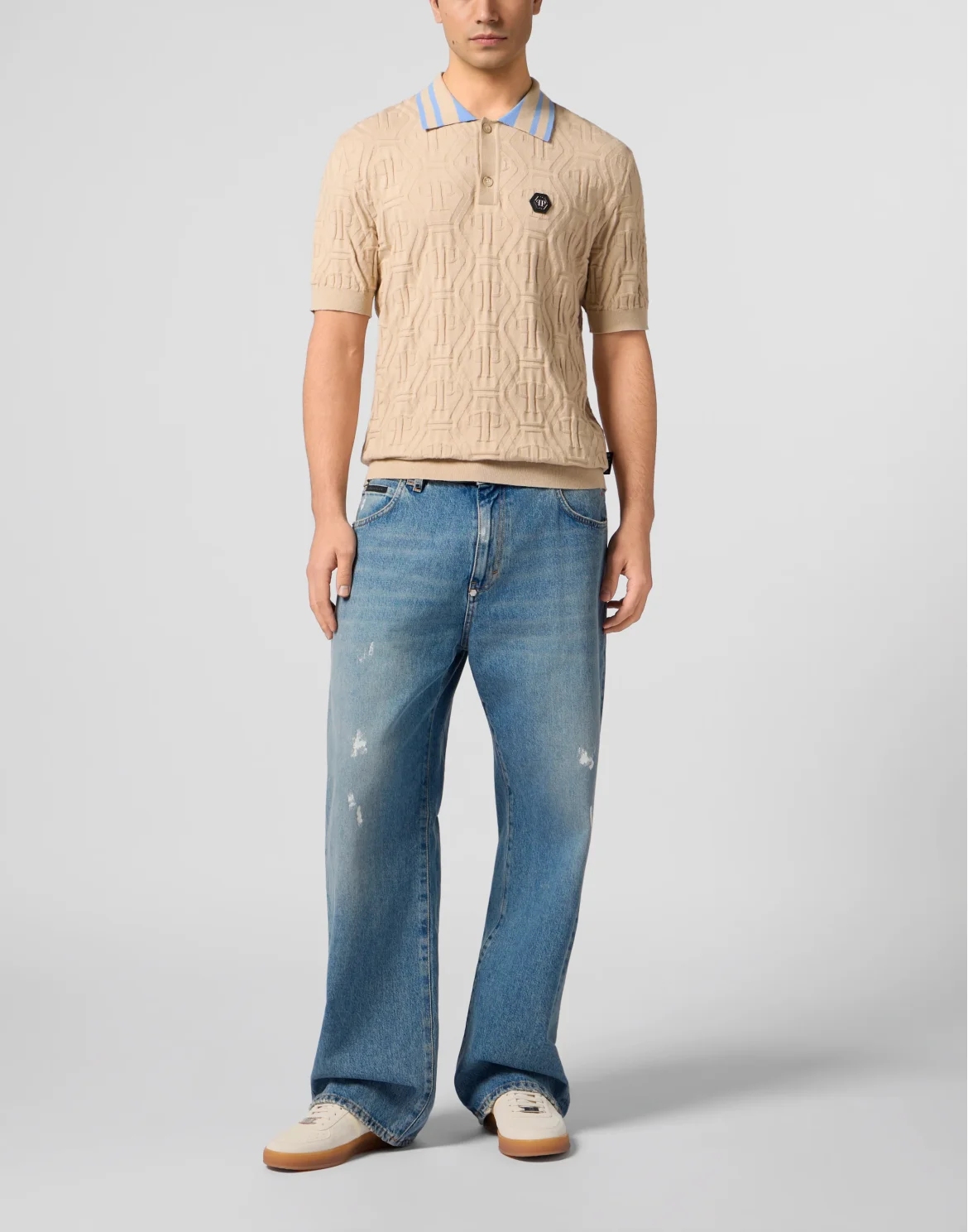 Knitted Polo T-Shirt Jacquard Monogram, цвет: Бежевый