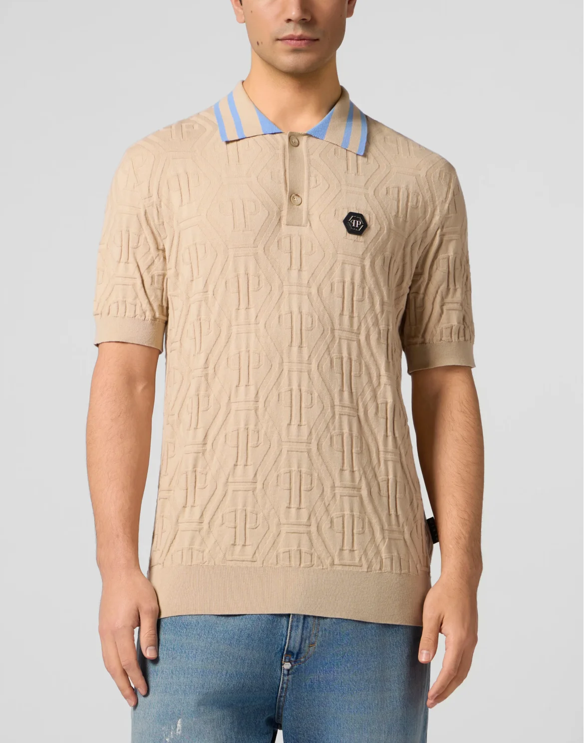 Knitted Polo T-Shirt Jacquard Monogram, цвет: Бежевый