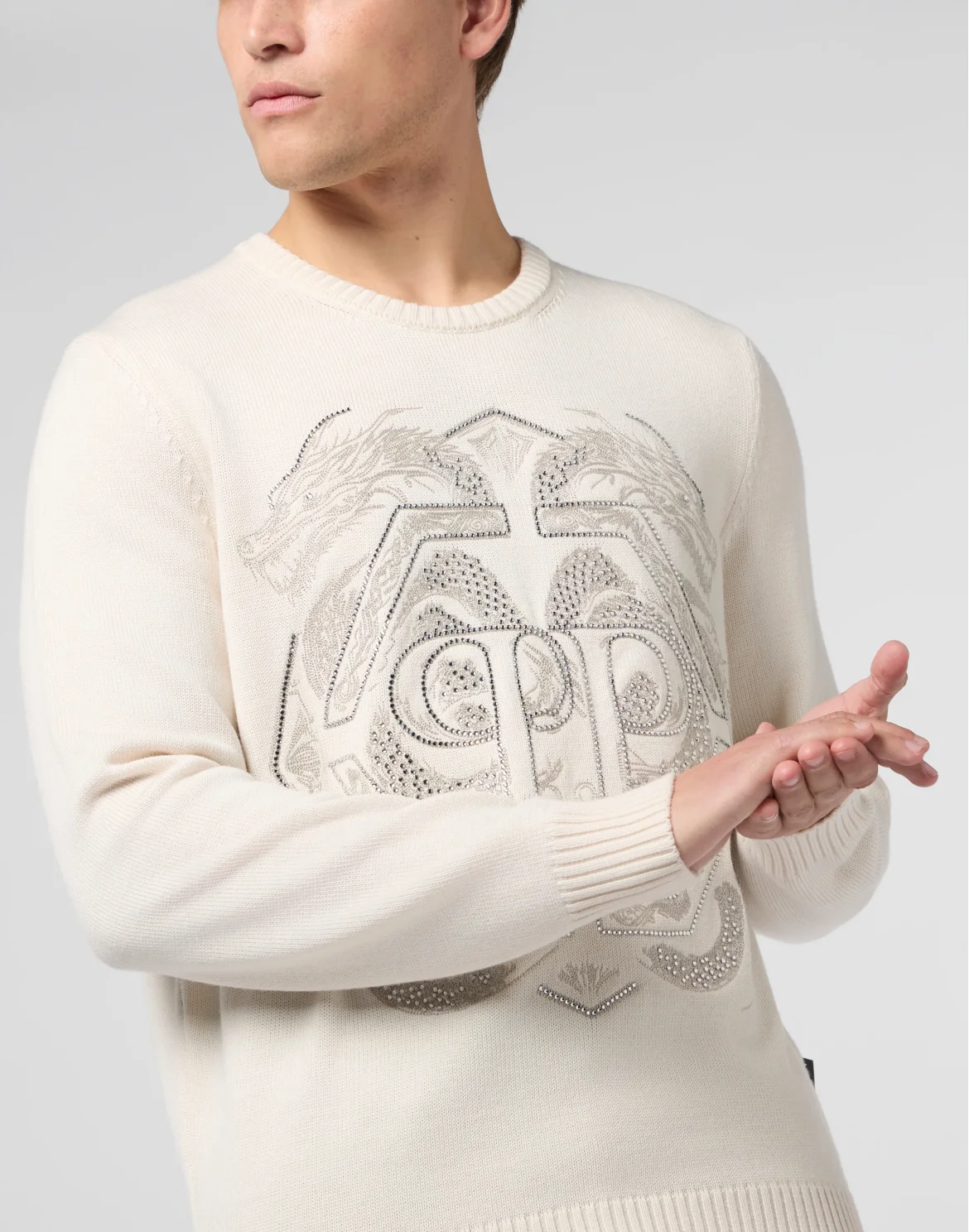 Embroidered Merino Wool Round Neck Pullover Hexagon Dragon, цвет: Бежевый