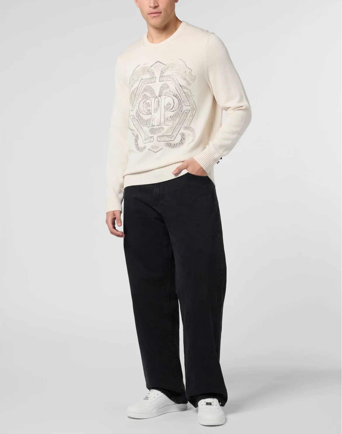 Embroidered Merino Wool Round Neck Pullover Hexagon Dragon, цвет: Бежевый