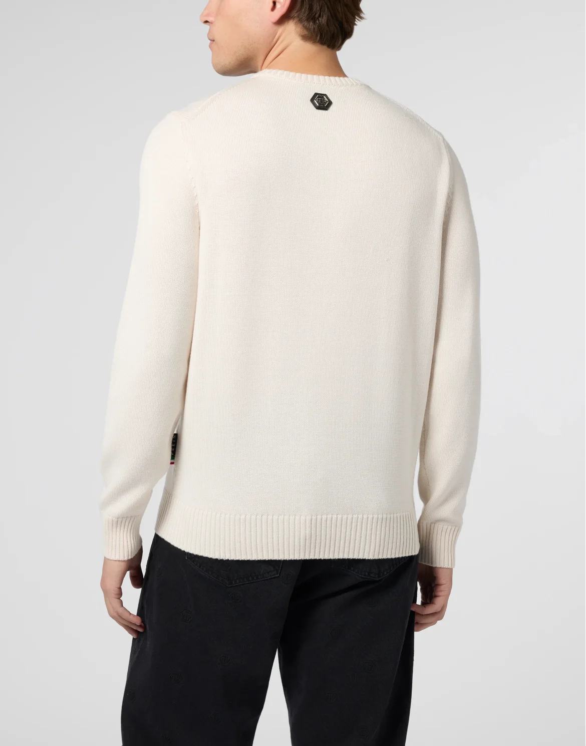 Embroidered Merino Wool Round Neck Pullover Hexagon Dragon, цвет: Бежевый